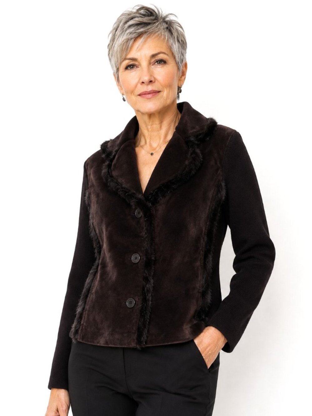 Cynthia Steffe Brown Suede Knit Fur Trim Jacket